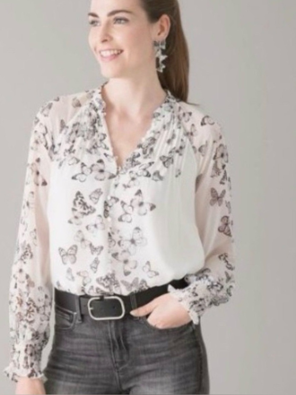 WHBM Butterfly Print Ruffle V-Neck Blouse - White